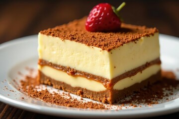 Close-up view of rich, creamy tiramisu, dusted with cocoa , tiramisu, sweet