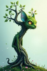 Obraz premium Enchanted Sylvan Feline, a whimsical tree creature with vibrant green scales, iridescent ears, and bright yellow eyes, peacefully rests amidst a field of wildflowers
