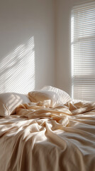 Soft sunlight casts gentle shadows on an unmade bed with light beige sheets in a tranquil room setting during the morning
