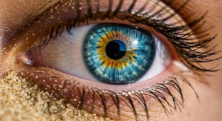 Intense Macro of Human Eye with Electric Blue and Gold Iris Partially Submerged in Light Brown Beach Sand Reflecting Natural Light