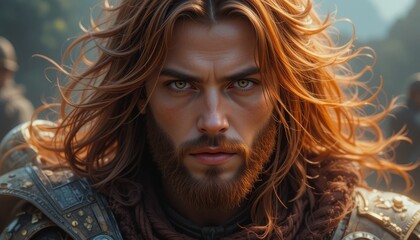 Close-up portrait of a strong, fantasy character.