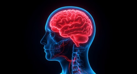 Translucent Blue Human Head Silhouette with Vibrant Neon Red Brain on Black Background Medical Illustration