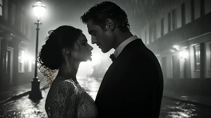 Romantic couple embracing in a rainy night street