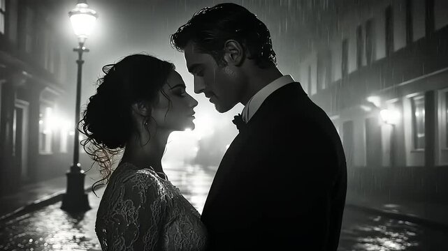 Romantic couple embracing in a rainy night street
