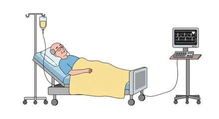 Cartoon Illustration of an Elderly Man Lying in Hospital Bed with IV Drip and Vital Signs Monitor under Bright Light with Pale Yellow Blanket