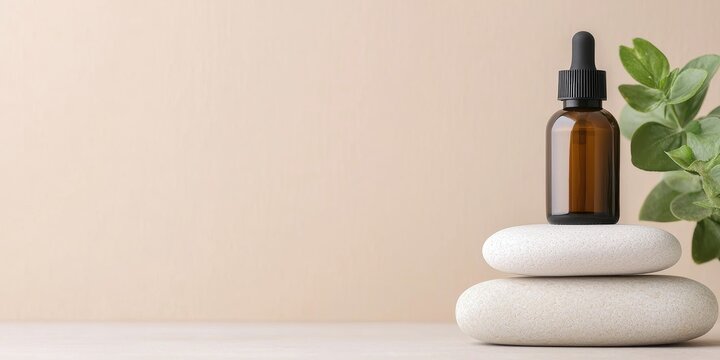 Wellness routine with skincare and mindfulness idea. Aesthetic skincare bottle on stacked stones with leaves.