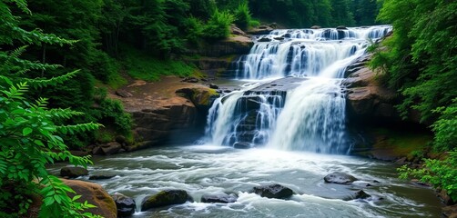 Obraz premium Majestic Gooseberry Falls cascade in Minnesota, rushing water and vibrant green foliage, foliage, river