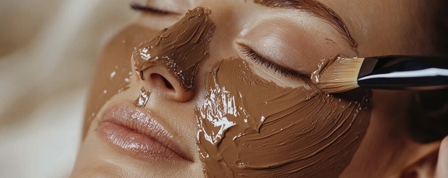 Wellness routine with skincare and mindfulness idea. Woman receiving a facial treatment with a clay mask.