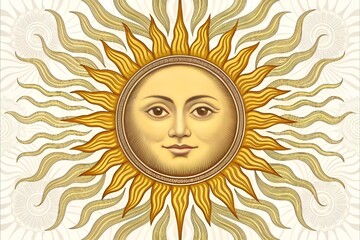 Radiant Sun Face Illustration with Vintage Engraved Style and Golden Rays
