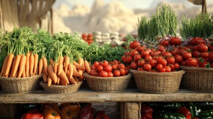 Fresh produce in woven baskets on a wooden stall