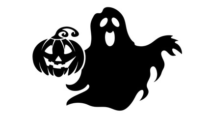 Silhouette of halloween ghost holding a jack-o-lantern pumpkin
