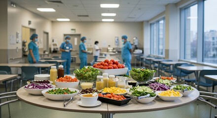Salad Bar Display with Medical Staff at Hospital Cafeteria Featuring Fresh Vegetables and Healthcare Professionals