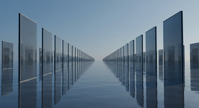 Glass Corridor Installation with Reflective Water Floor