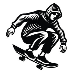 Skateboarder Vector Illustration, White Silhouette, Action Sport, Skateboarding Stunt