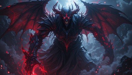 Dark, imposing figure with large wings and glowing armor.