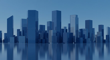 Fototapeta premium Blue City Skyline Silhouette with Water Reflection