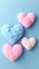 Fototapeta premium A group of three pink and blue heart shaped marshmallows on a blue background.