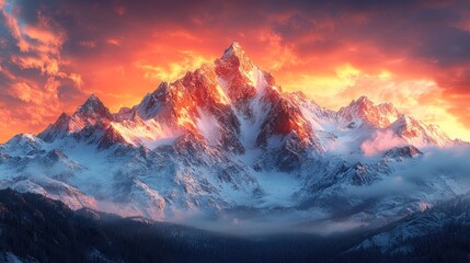 Majestic Snowy Mountain Range at Sunset: A Breathtaking Panorama