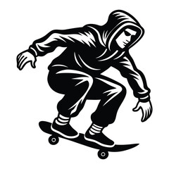 Skateboarder Vector Illustration, White Silhouette, Action Sport, Skateboarding Stunt