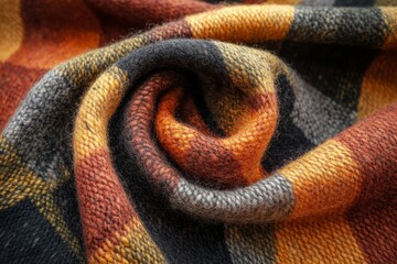 Fototapeta premium Soft wool fabric with a checkered pattern in warm autumnal colors swirls gently, creating a cozy and textured close-up