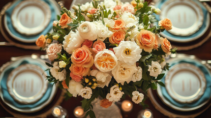 Elegant wedding table with floral centerpiece and fine china, radiating timeless romance and sophistication
