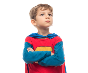 A young boy in a superhero costume gazes upward, dreaming of heroic adventures and possibilities.