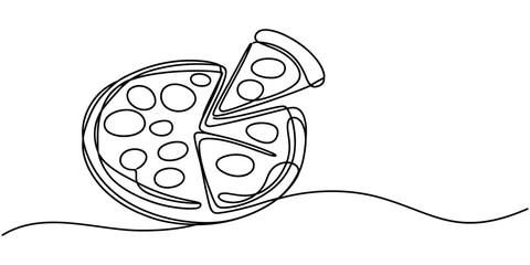 One line  Drawing or illustration of slice of pizza with pepperoni and mushrooms, Continuous single line drawing of delicious sliced cheese pizza design outline vector illustration, Continuous Line.