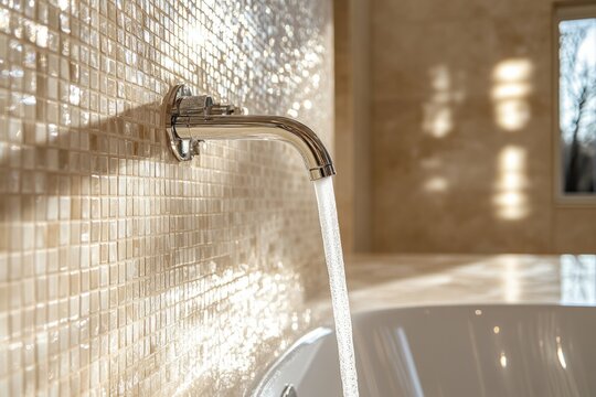 Clear water running from a chrome faucet into a modern white bathtub, against a mosaic tiled wall in a luxury bathroom