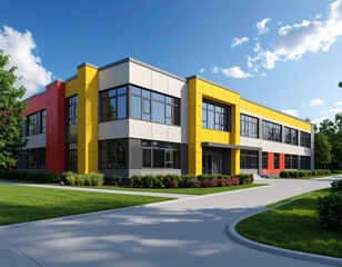 Modern two-story educational or office building with colorful yellow, red, and gray facade, surrounded by green lawn, trees, and bushes under a bright blue sky.