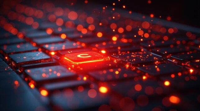 Illuminated keyboard key with glowing particles