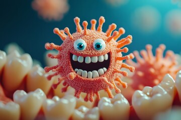Microscopic view of a smiling virus attacking teeth, highlighting the importance of oral hygiene