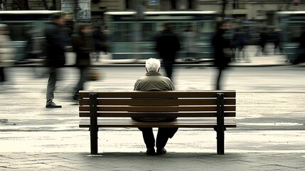 senior citizen sitting alone on a park bench while people pass by without engaging, representing society's emotional abandonment of the elderly. elderly neglect, emotional abandonment, senior 