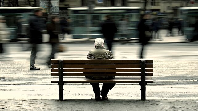 senior citizen sitting alone on a park bench while people pass by without engaging, representing society's emotional abandonment of the elderly. elderly neglect, emotional abandonment, senior 