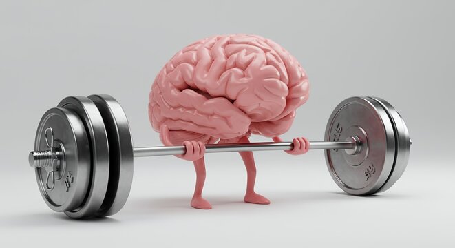 Detailed Digital Art of a Pink Human Brain Cartoon Character Lifting Chrome Barbell against a Stark White Background Emphasizing Mental Health - Powered by Adobe
