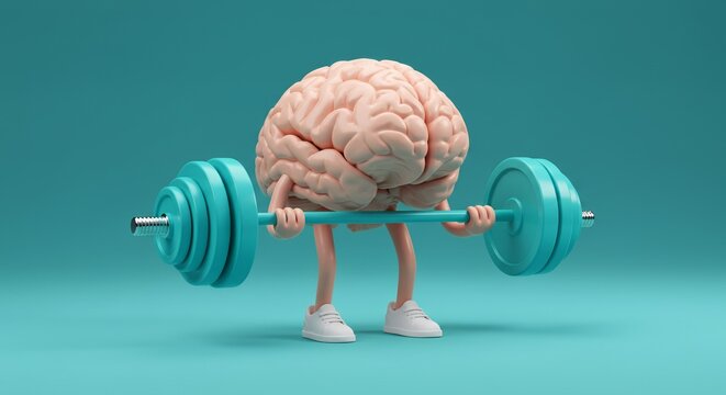 Brain Lifting Turquoise Barbell with White Sneakers in Photorealistic 3D Render Standing on Matching Turquoise Background Symbolizing Mental Strength