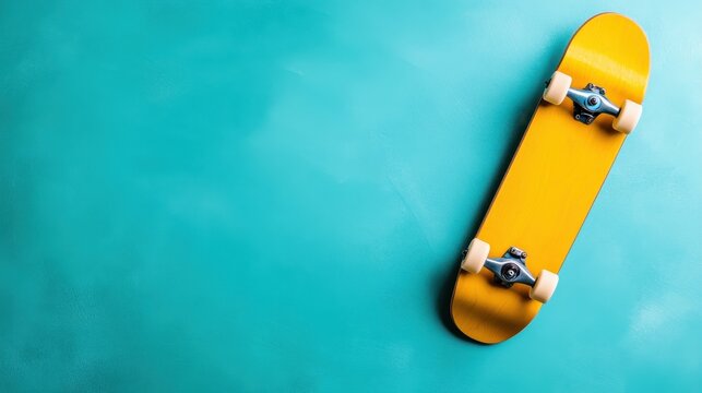 This image features a vibrant yellow skateboard positioned diagonally against a smooth turquoise backdrop, evoking a sense of fun and leisure in action sports.