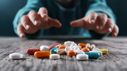 A close-up of a person's hand reaching for various pills and capsules scattered on a wooden surface, indicating a struggle with medication or addiction challenges.