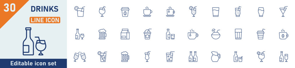Drink line icon set. Set of 30 outline icons related to drinks, tea, coffee, wine, alcoholic, cold and hot drinks, lemonade and others. Editable stroke. Vector illustration.
