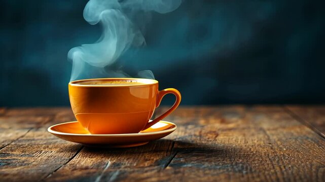 Steaming hot coffee in an orange cup