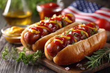 4th of July hot dogs with ketchup and mustard on wood background 