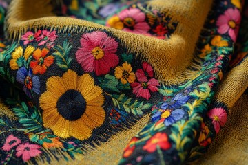Close-up of vibrant floral embroidery enhancing a piece of textured fabric, showcasing intricate needlework and craftsmanship