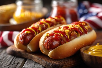 4th of July hot dogs with ketchup and mustard on wood background 