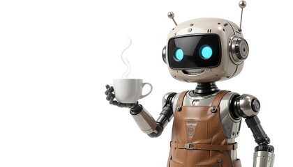 Naklejka premium Robot holding coffee cup on white background