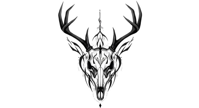 Detailed Deer Skull Artwork with Antlers in Black and White