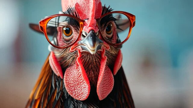 Eyeglasses-wearing rooster poses for camera