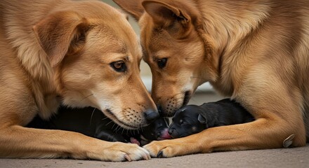 Dog Family Love Two Adult Dogs Protecting Newborn Puppies Affection