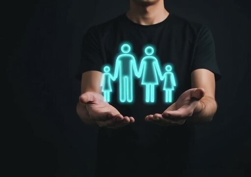 Person holding glowing family icon in hands against a dark background in a black t shirt