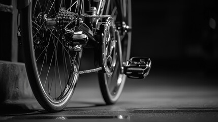 Close-up view of a bicycle's rear wheel and drive train at night.
