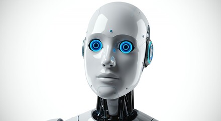 Sleek Futuristic Humanoid Robot Portrait with White and Light Grey Design Featuring Glowing Blue Circular Eyes Against a Clean White Background