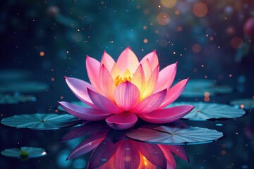 Serene Pink Water Lily Blossom Glowing Softly on Dark Water with Lily Pads and Sparkling Dust